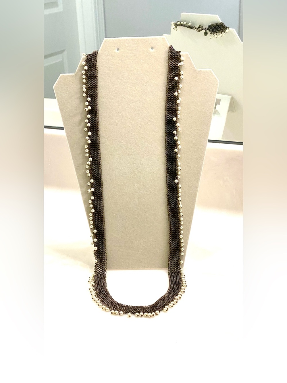 J.Crew Gunmetal Woven Mesh Multi Strand Long Faux Pearl Seed Bead Necklace
